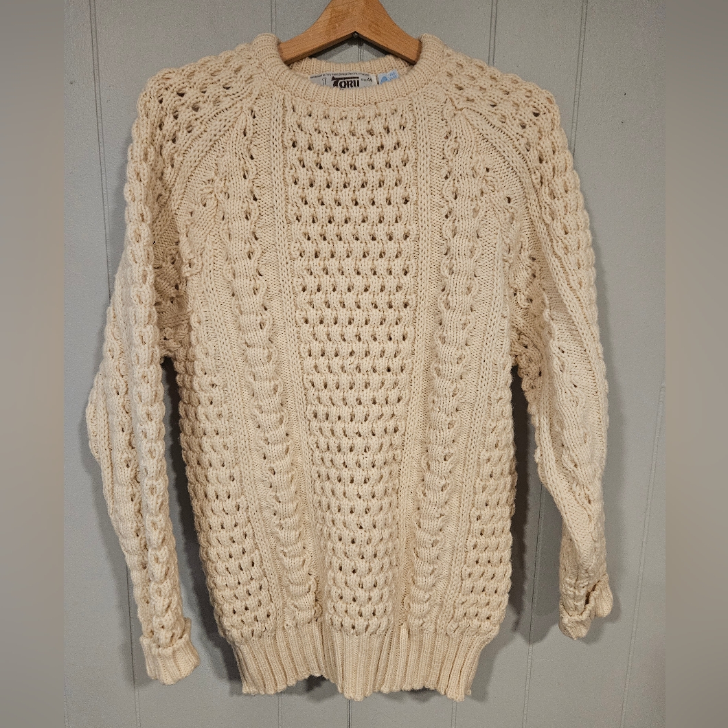 Tory Island Ireland Mens Wool Cable-Knit Fisherman Donegal Sweater Size 44 White